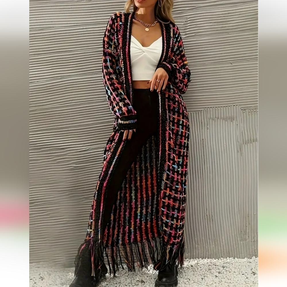 Fringed Long Open-Front Multicolor Knit Cardigan